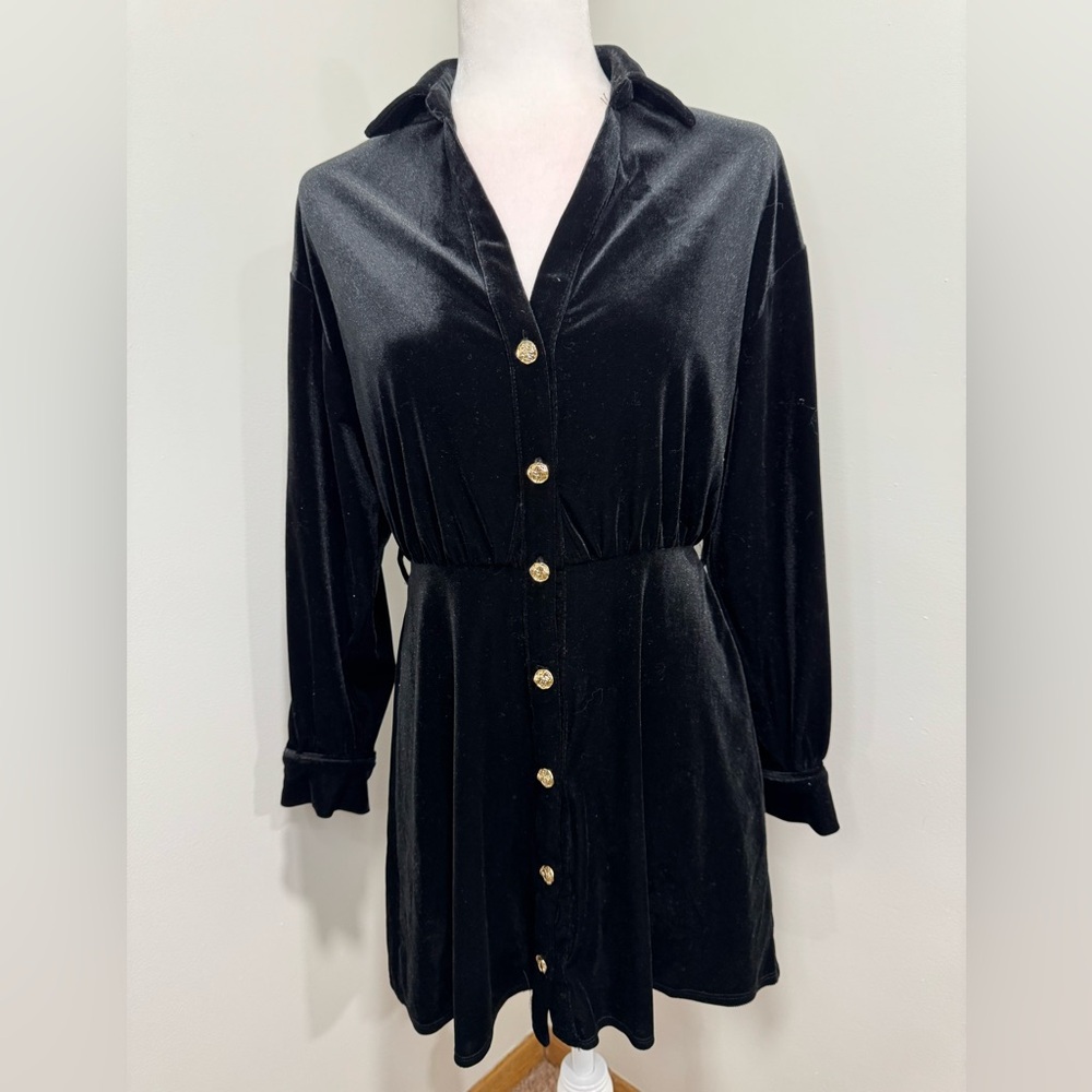 Zara Black Long Sleeve Dress with Gold Accents